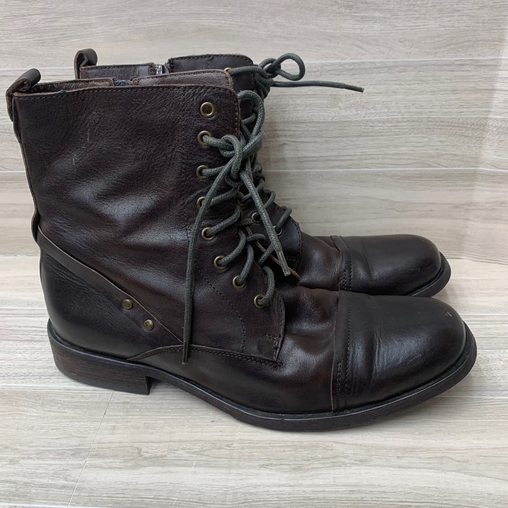 Aldo Mens Dark Brown Leather Cap Toe Combat Boots Side Zip EU 44 Lace Up Boot